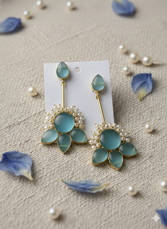 Aqua Bloom Pearl Drop Earrings