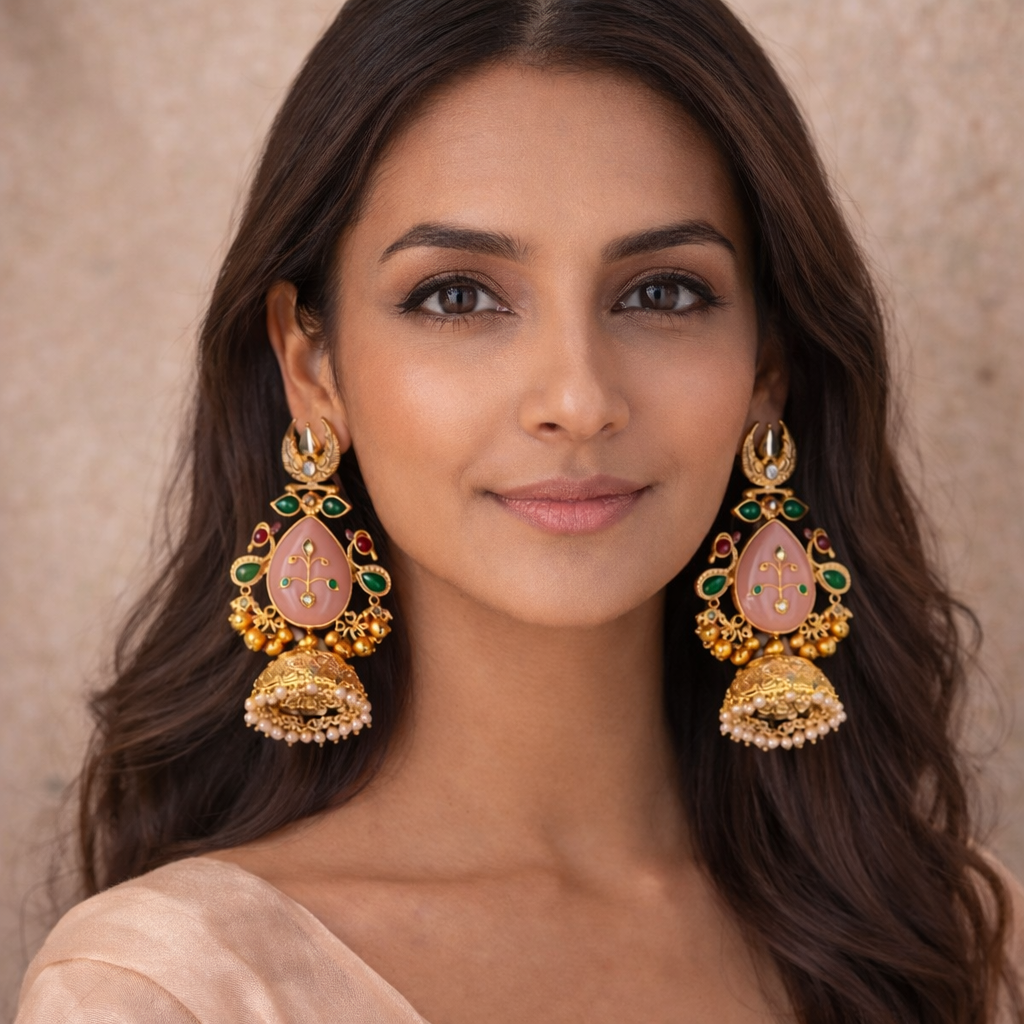 Kashmiri Jhumka Earrings with Pink Stone | Traditional Gold Finish Earrings