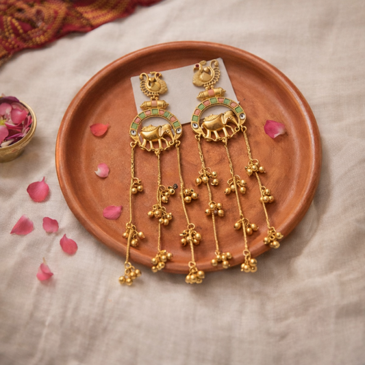 Kashmiri Temple Earrings with Elephant Motif | Traditional Gold Finish Long Jhumka Earrings