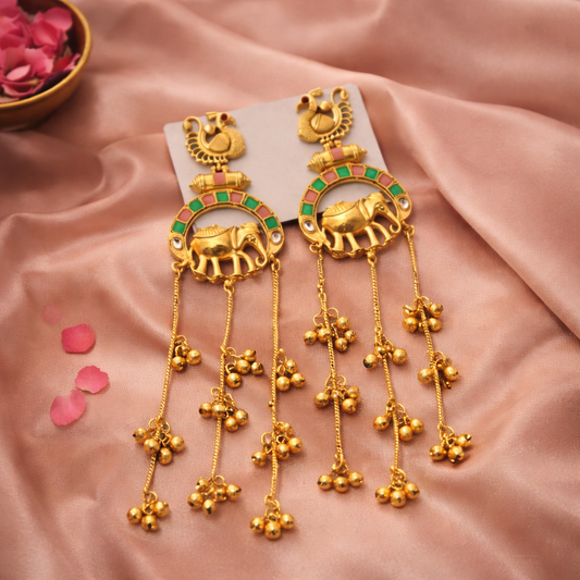 Kashmiri Temple Earrings with Elephant Motif | Traditional Gold Finish Long Jhumka Earrings