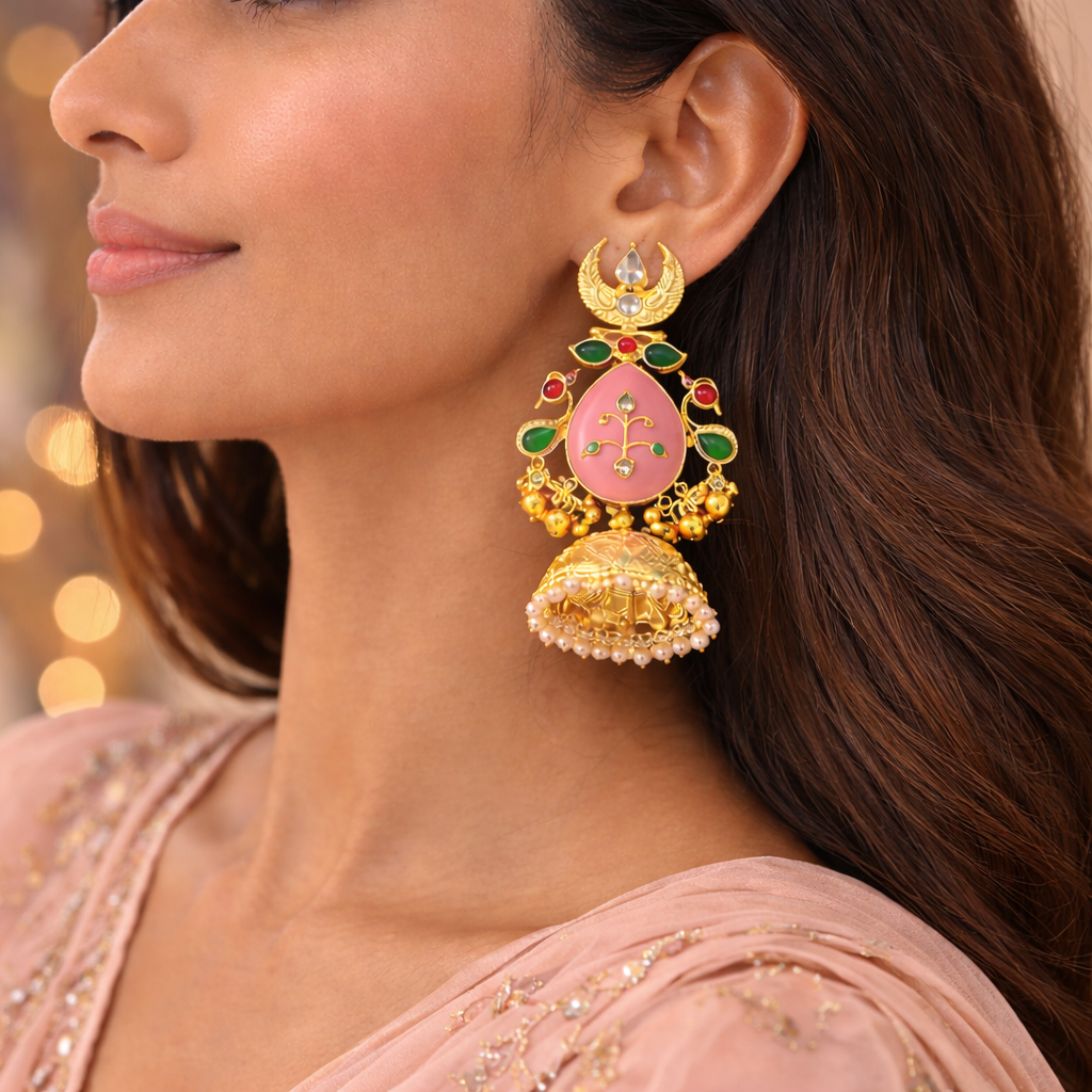 Kashmiri Jhumka Earrings with Pink Stone | Traditional Gold Finish Earrings