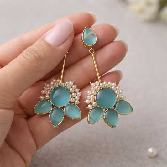 Aqua Bloom Pearl Drop Earrings