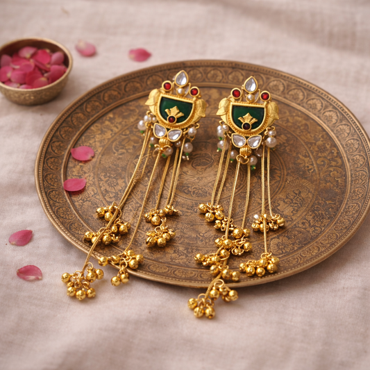 Kashmiri Long Drop Earrings with Green Enamel | Gold Finish Traditional Earrings