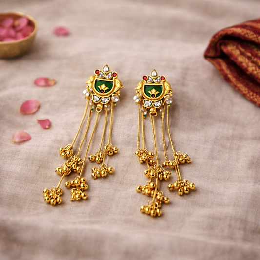 Kashmiri Long Drop Earrings with Green Enamel | Gold Finish Traditional Earrings