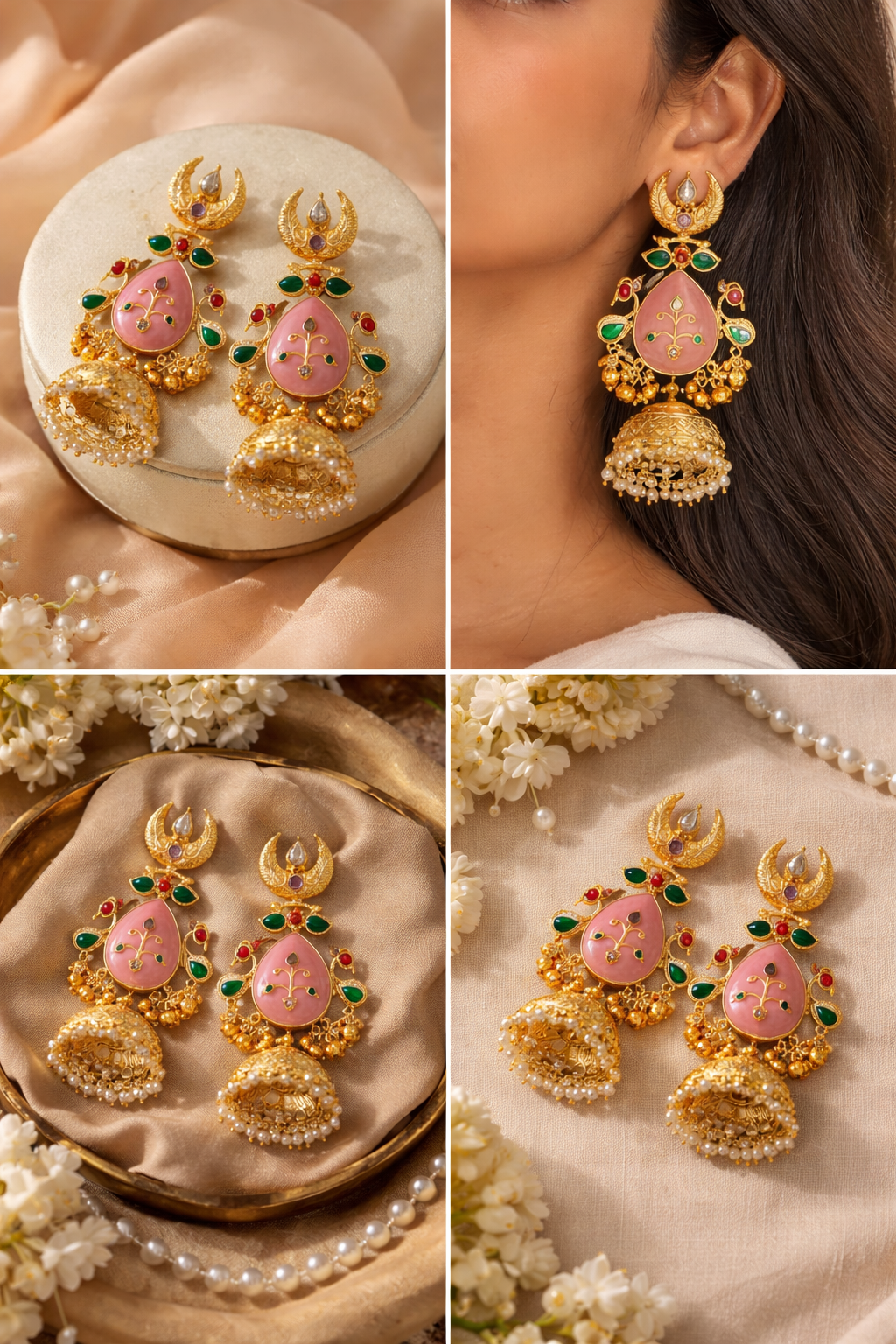 Kashmiri Jhumka Earrings with Pink Stone | Traditional Gold Finish Earrings