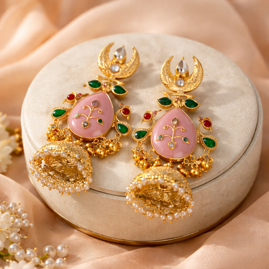 Kashmiri Jhumka Earrings with Pink Stone | Traditional Gold Finish Earrings