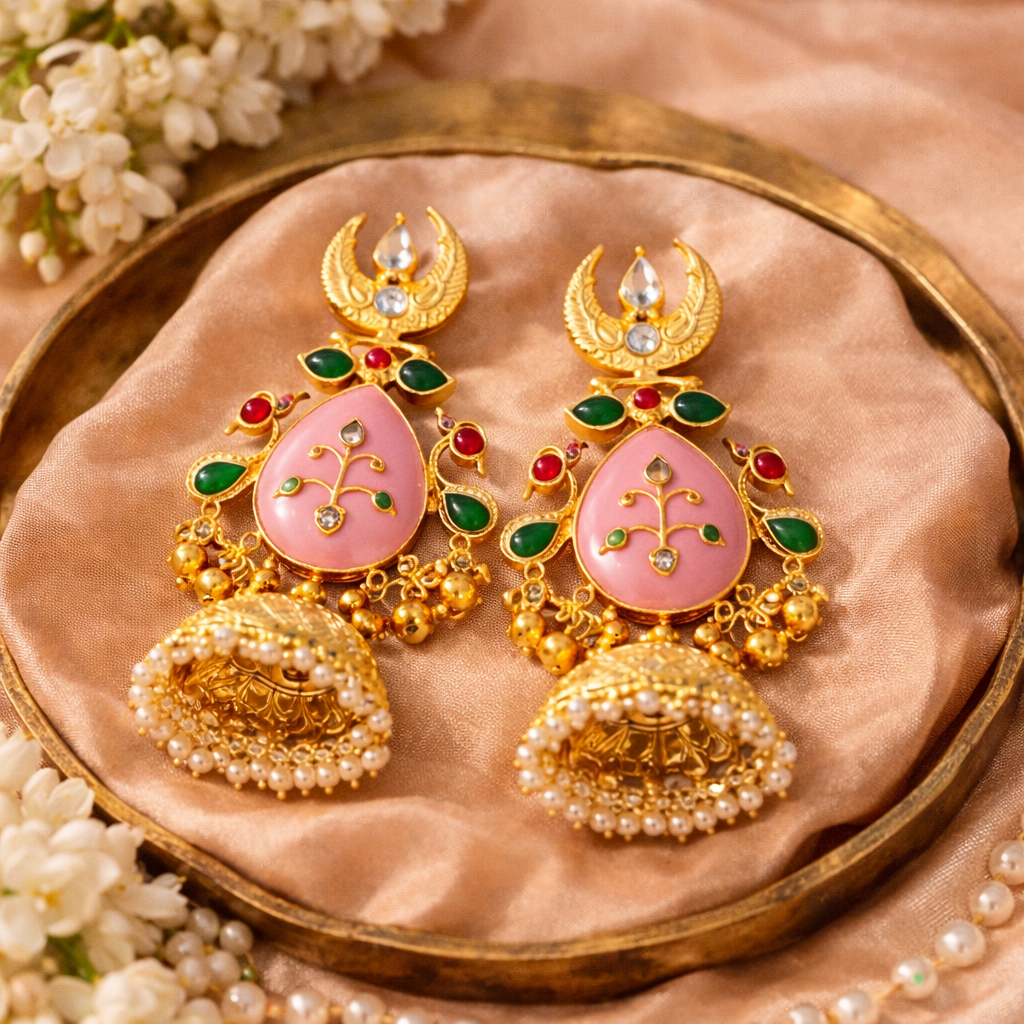 Kashmiri Jhumka Earrings with Pink Stone | Traditional Gold Finish Earrings