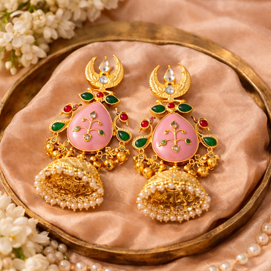 Kashmiri Jhumka Earrings with Pink Stone | Traditional Gold Finish Earrings